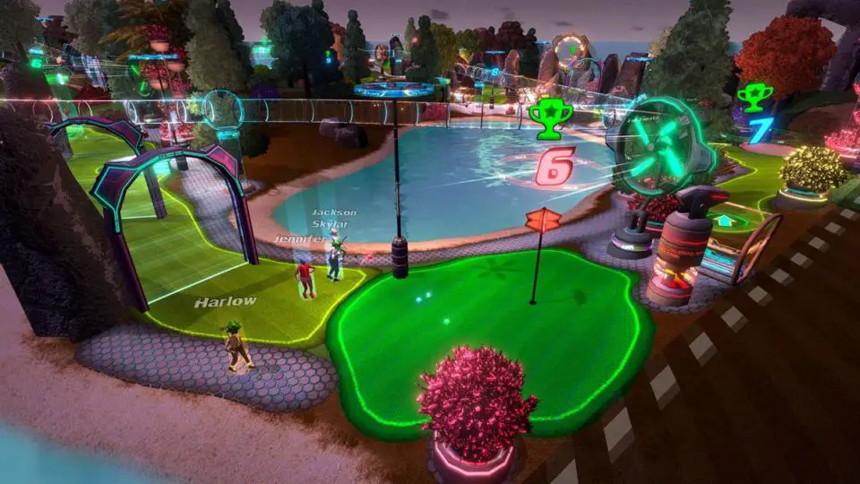 Golftopia Review-Test - SciFi Golfer in bunt - SimGolf or SimTycoon - Day and Night Cycle - Neon by Night