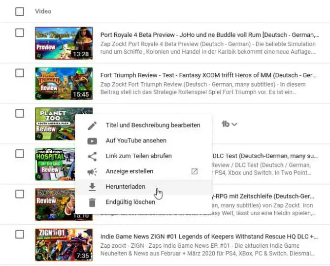youtube creator studio tipps und tricks - youtube eigene videos herunterladen - youtube studio - per video kontext menü