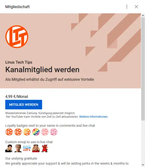 YouTube Kanal Mitglied und Kanalmitgliedschaft - Mitglied werden Funktion - Dialog Fenster