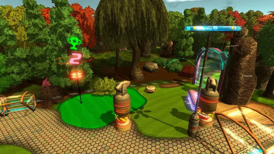 Golftopia Review-Test - SciFi Golfer in bunt - SimGolf or SimTycoon - Golfing beside the forest