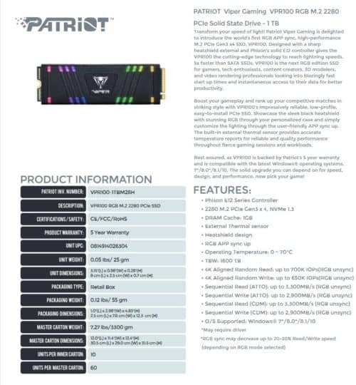 Patriot Viper Gaming SSD VPR100 RGB 512GB M2 NVME Review - Test - Datenblatt 1TB