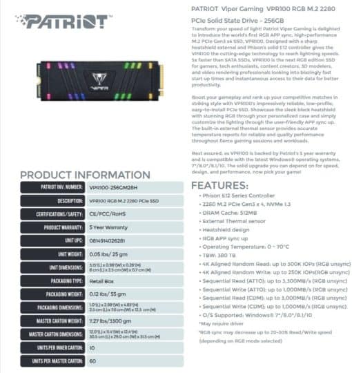 Patriot Viper Gaming SSD VPR100 RGB 512GB M2 NVME Review - Test -Datenblatt 256GB