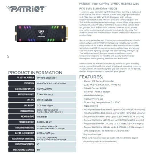 Patriot Viper Gaming SSD VPR100 RGB 512GB M2 NVME Review - Test -Datenblatt 512GB