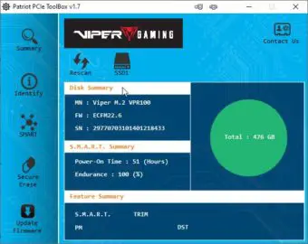 Patriot Viper Gaming SSD VPR100 RGB 512GB M2 NVME Review - Test -Patriot PCIe ToolBox 1.7