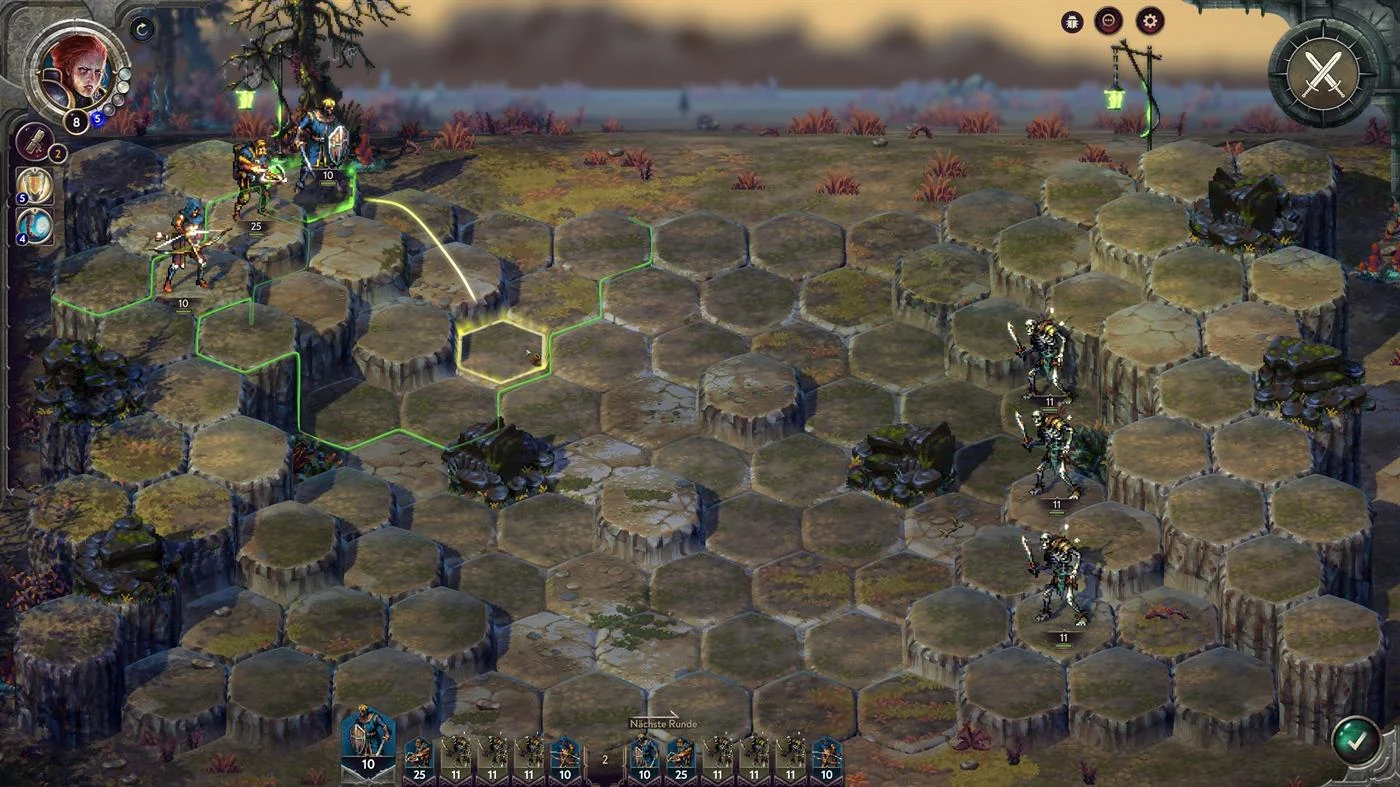 Songs of Conquest Review - spannendes Heroes of Might and Magic Remake im Pixelart Style 21 Skelette auf Hex-Feldern bekämpfen