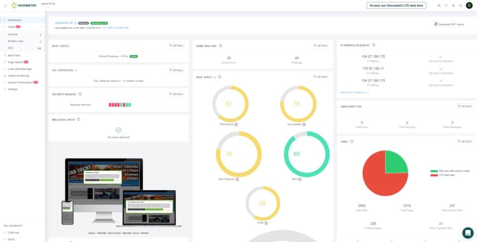 hexometer review - test - online monitor - website health checker and seo tool service test - Dashboard - Übersicht - Overview