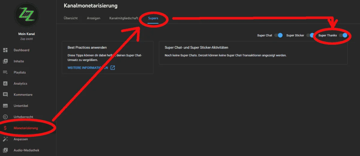 Wie man die Super Thanks im YouTube Dashboard findet und aktiviert